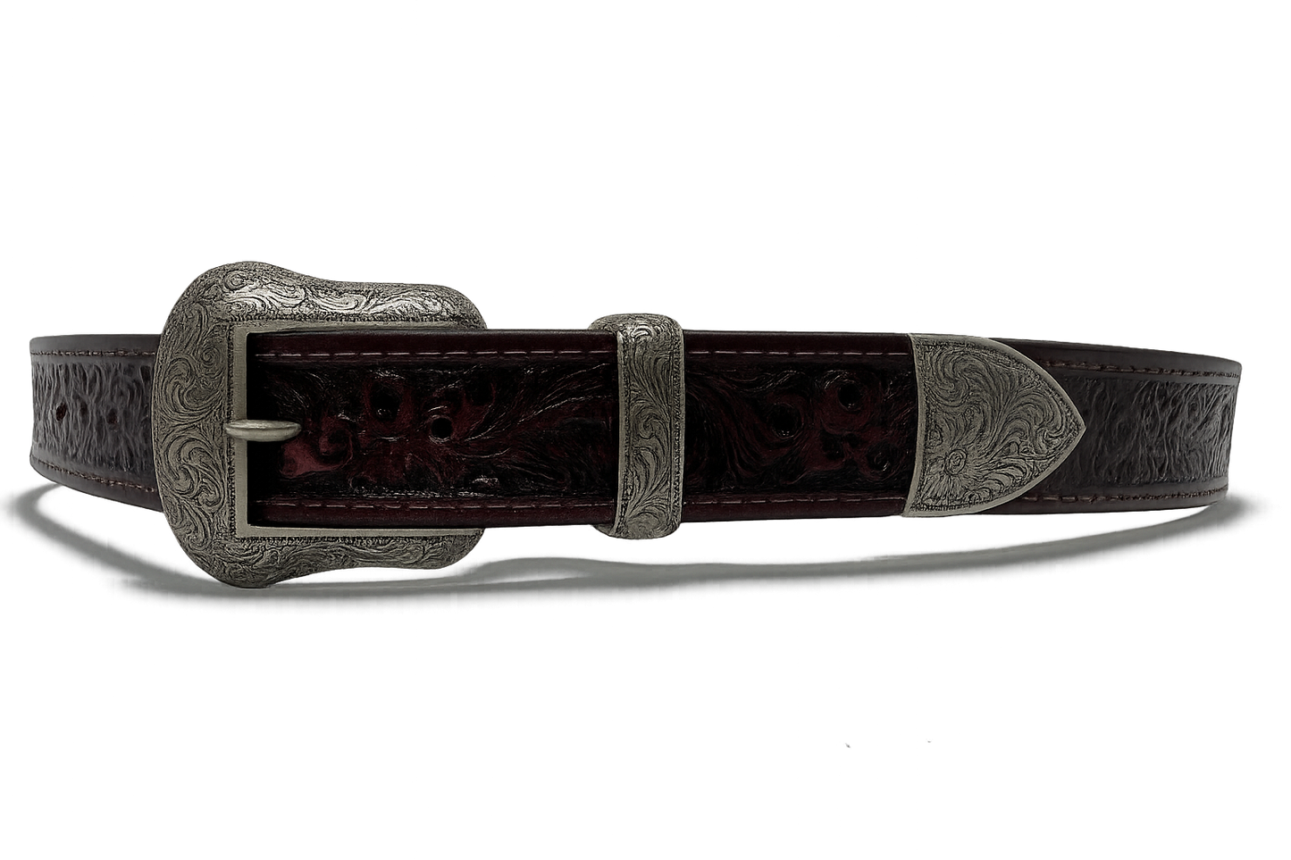 Western Leather Belt – Deep Mahogany with Engraved Buckle - 40 Inches