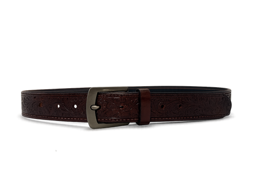 Hand-Tooled Western Leather Belt – Dark Mahogany - 42 Inches