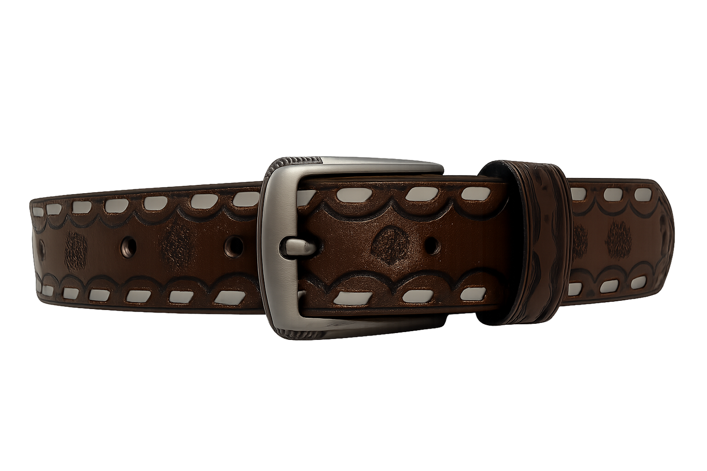 Buck-Stitched Western Leather Belt – Chestnut - 37 Inches