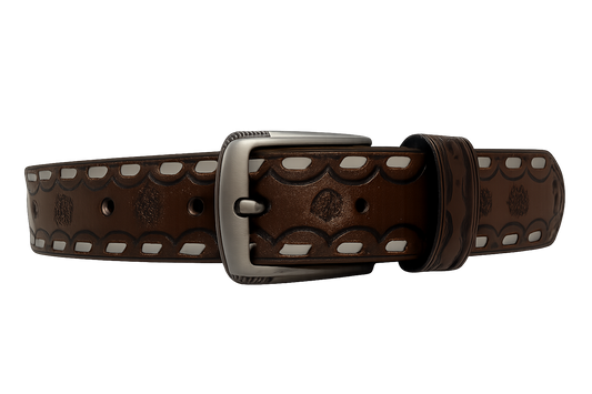 Buck-Stitched Western Leather Belt – Chestnut - 37 Inches