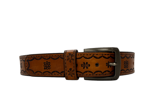 Hand-Tooled Western Leather Belt – Natural Tan Floral - 36 Inches