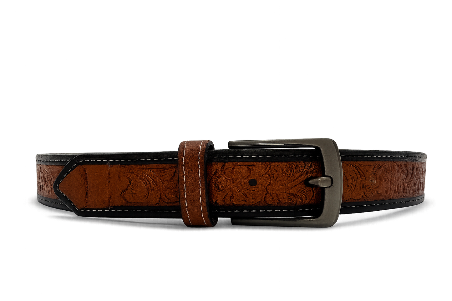 Embossed Western Leather Belt – Chestnut with Black Edges - 45 Inches