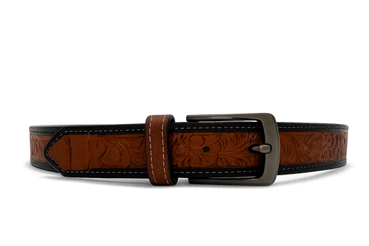 Embossed Western Leather Belt – Chestnut with Black Edges - 45 Inches